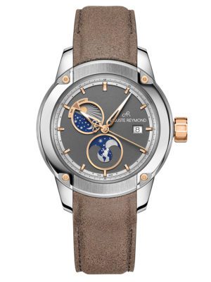 The Unity automatic watch from Auguste Reymond with Day Night and moonphase indicator. Dark grey dial and vintage brown leather strap.